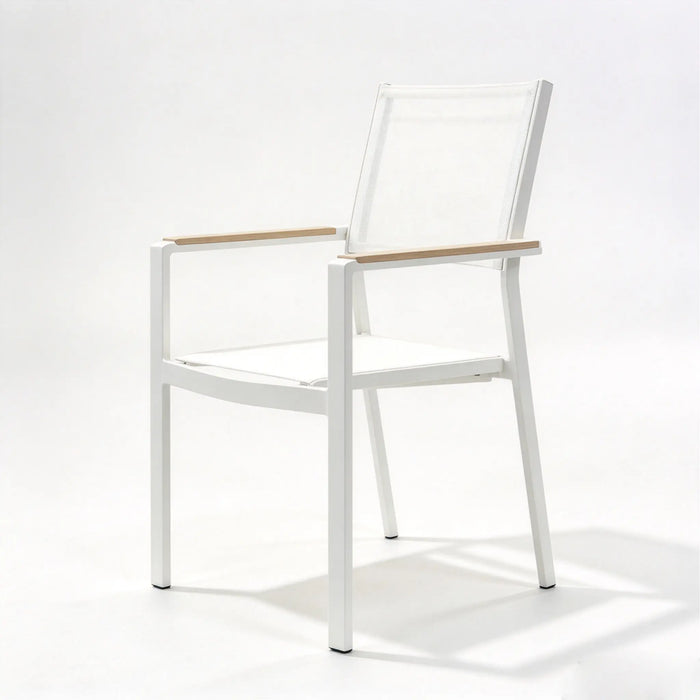 Stackable Aluminum Patio Armchair with Textilene Seat and Wood-Look Armrests