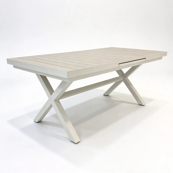 Extendable Aluminum Patio Dining Table with Wood-Grain Slatted Top and X-Leg Base