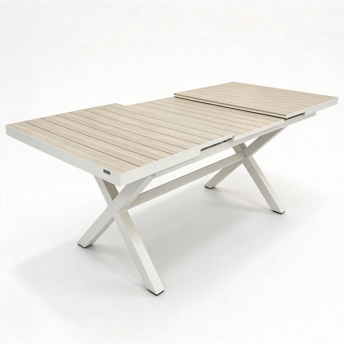 Extendable Aluminum Patio Dining Table with Wood-Grain Slatted Top and X-Leg Base