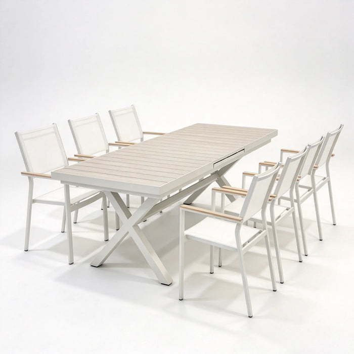 Extendable Aluminum Patio Dining Set, X-Leg Table with 6 Stackable Textilene Armchairs