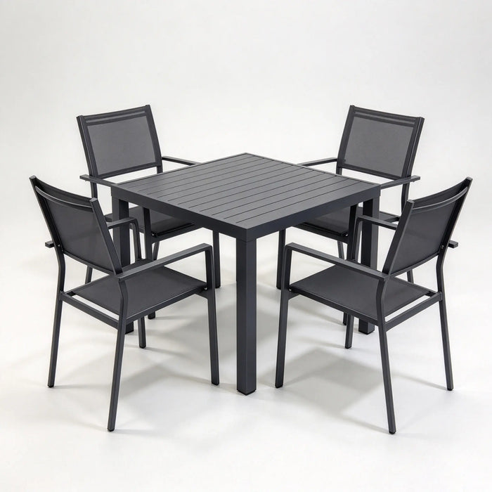Aluminum Patio Dining Set, Black Slatted Table with 4 Stackable Textilene Armchairs