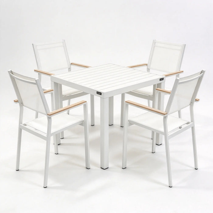 Aluminum Patio Dining Set, White Slatted Table with 4 Stackable Textilene Armchairs and Wood-Look Armrests