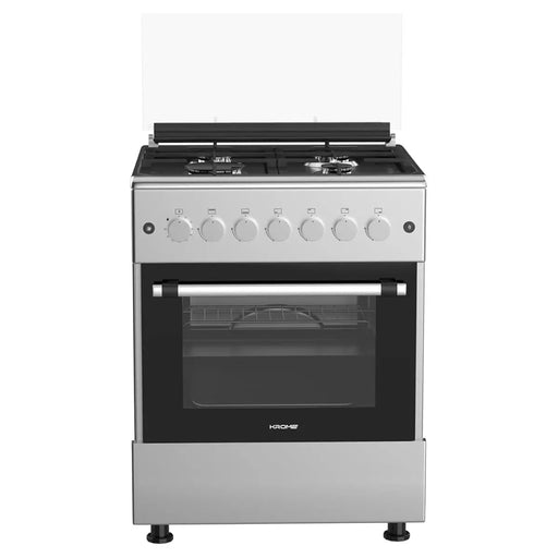 Stainless steel kitchen stove with black cooktop on a white background