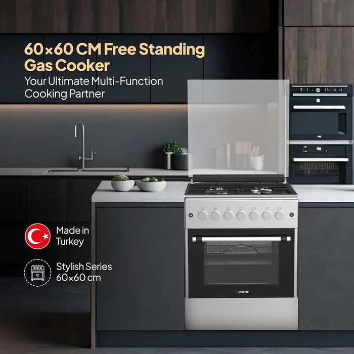 Gas cooker in a modern kitchen setting with text highlighting features.