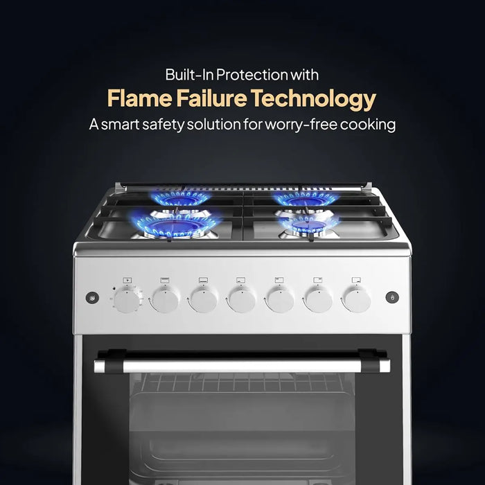 Gas stove with blue flames and text about flame failure technology on a black background
