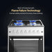 Gas stove with blue flames and text about flame failure technology on a black background