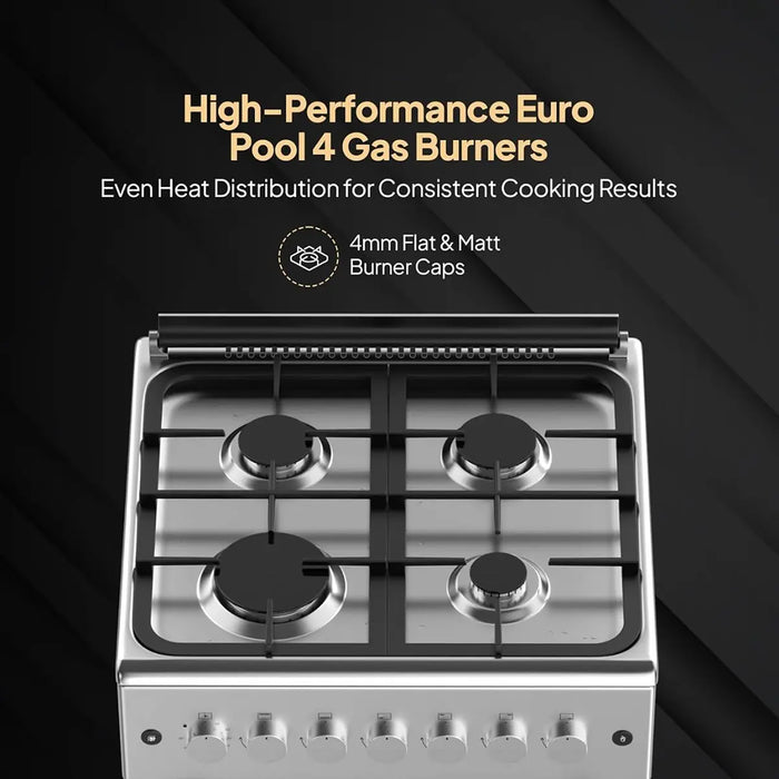 Gas stove with four burners on a black background, featuring text about high-performance Euro Pool 4 gas burners.