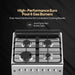 Gas stove with four burners on a black background, featuring text about high-performance Euro Pool 4 gas burners.