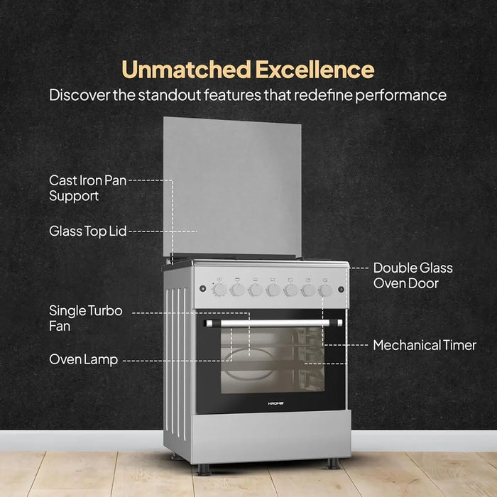 Stainless steel oven with labeled features on a dark background