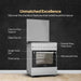 Stainless steel oven with labeled features on a dark background