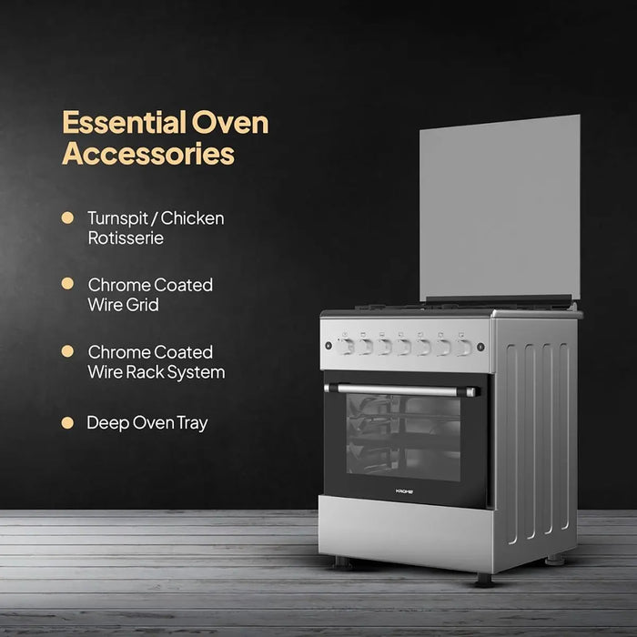 Stainless steel oven with a list of essential accessories on a dark background