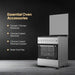 Stainless steel oven with a list of essential accessories on a dark background