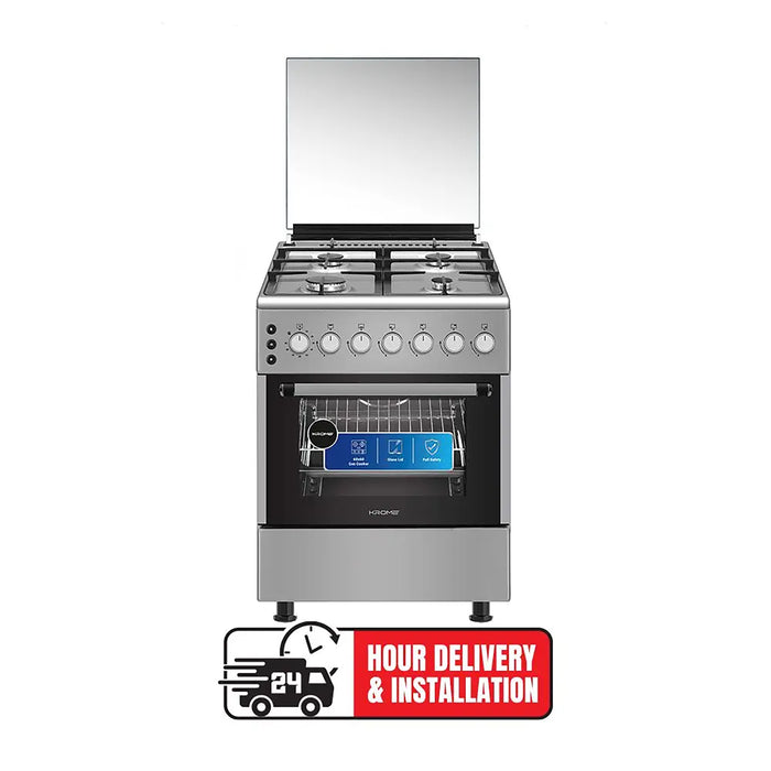 Stainless steel gas cooker with a delivery and installation service icon on a white background