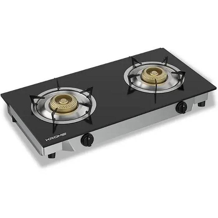 Krome Gas Stove 2 Burners| Auto Piezo Ignition| Double Brass Burners| 100MM Brass Burner Cap| LPG Cooktop| Enamel Square Pan Support| Flame Failure Device| Tempered Glass Panel| Color Black | KR-GGFC2070