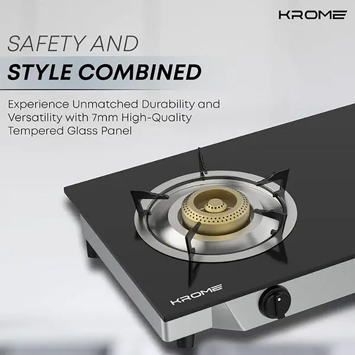 Krome Gas Stove 2 Burners| Auto Piezo Ignition| Double Brass Burners| 100MM Brass Burner Cap| LPG Cooktop| Enamel Square Pan Support| Flame Failure Device| Tempered Glass Panel| Color Black | KR-GGFC2070