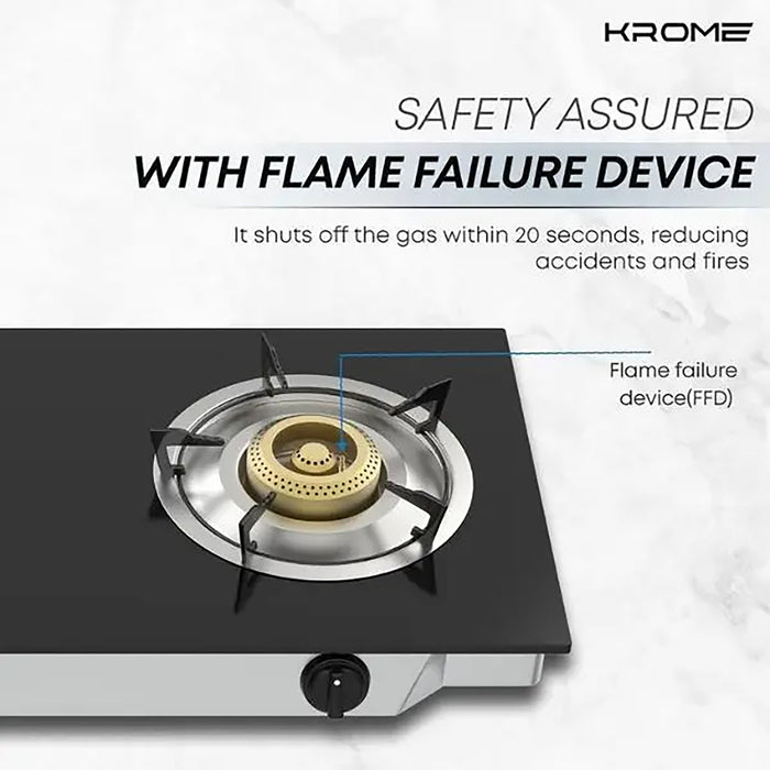 Krome Gas Stove 2 Burners| Auto Piezo Ignition| Double Brass Burners| 100MM Brass Burner Cap| LPG Cooktop| Enamel Square Pan Support| Flame Failure Device| Tempered Glass Panel| Color Black | KR-GGFC2070