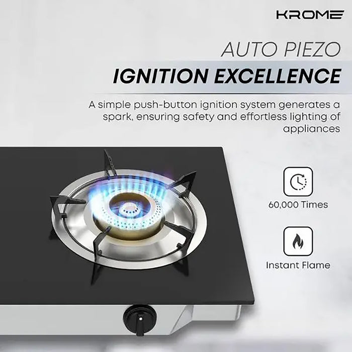 Krome Gas Stove 2 Burners| Auto Piezo Ignition| Double Brass Burners| 100MM Brass Burner Cap| LPG Cooktop| Enamel Square Pan Support| Flame Failure Device| Tempered Glass Panel| Color Black | KR-GGFC2070