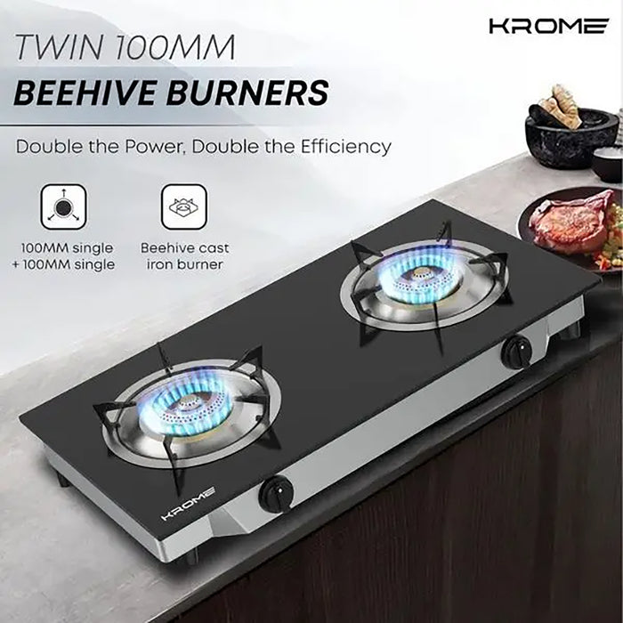 Krome Gas Stove 2 Burners| Auto Piezo Ignition| Double Brass Burners| 100MM Brass Burner Cap| LPG Cooktop| Enamel Square Pan Support| Flame Failure Device| Tempered Glass Panel| Color Black | KR-GGFC2070