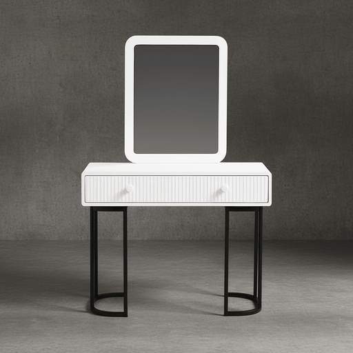 White vanity table with a rectangular mirror on a gray background