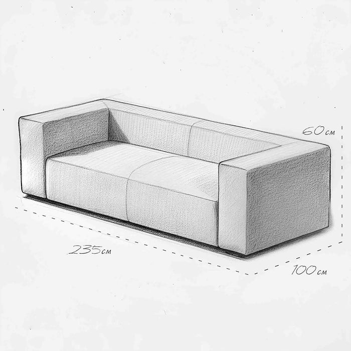 Pencil sketch of a modern sofa with dimensions on a white background