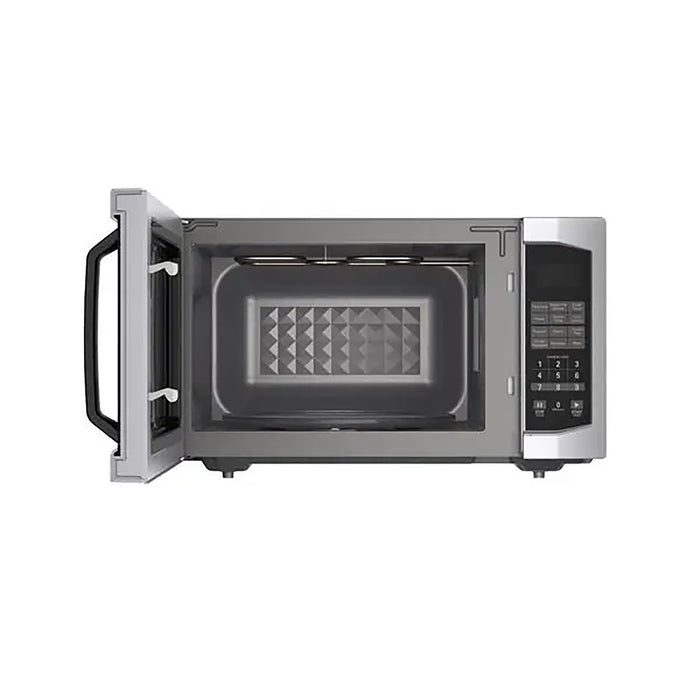 Stainless steel microwave oven on a white background