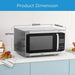 Microwave oven with dimensions labeled on a kitchen counter