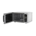 White microwave oven with open door on a white background