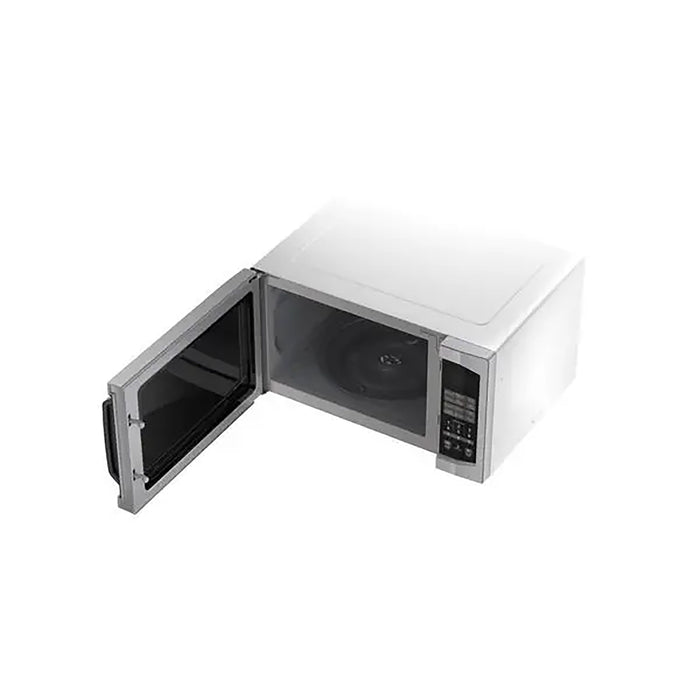 Stainless steel microwave oven on a white background