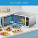 42L Super Large microwave oven with food inside on a kitchen counter.