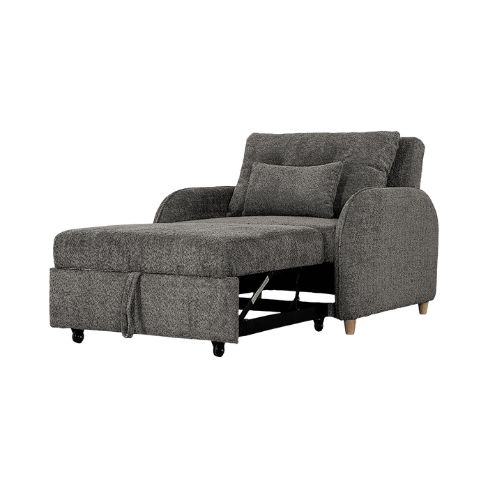 Gray fabric armchair with a pull-out bed mechanism on a transparent background