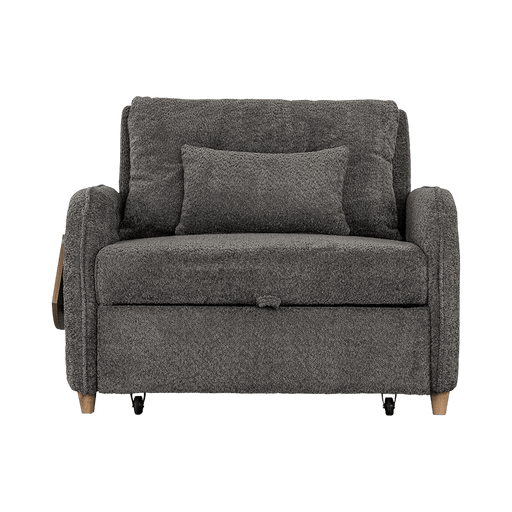 Gray fabric sofa bed with a pillow on a transparent background