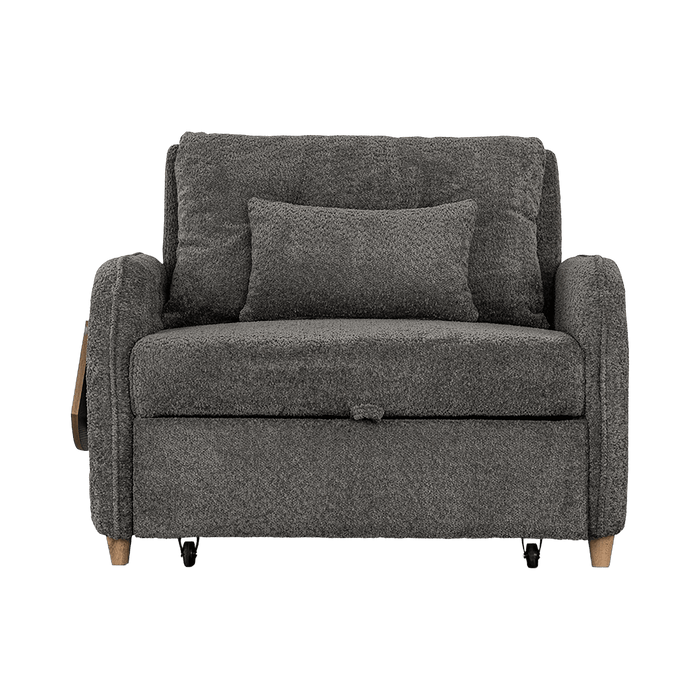 Gray fabric sofa bed with a pillow on a transparent background