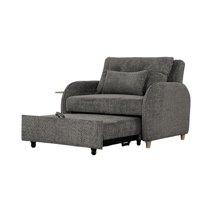 Gray upholstered chair with pull-out ottoman on a white background