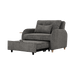 Gray upholstered chair with pull-out ottoman on a white background