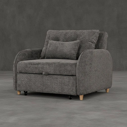 Gray upholstered armchair with cushions on a transparent background