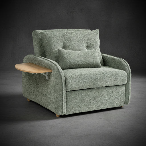 Gray upholstered armchair with a wooden tray on a transparent background