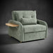 Gray upholstered armchair with a wooden tray on a transparent background
