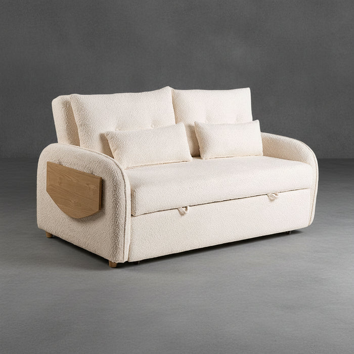 Beige sofa with wooden armrest on a green background