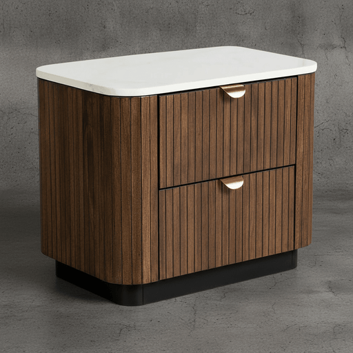 Wooden cabinet with white countertop on a gray background