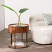 Wooden side table with a plant and books next to a beige armchair.