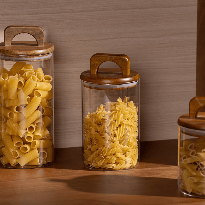 Melan Glass Canister W/Acacia Lid-1100ml - Setinone.ae