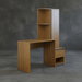 Wooden desk with shelves against a gray concrete wall