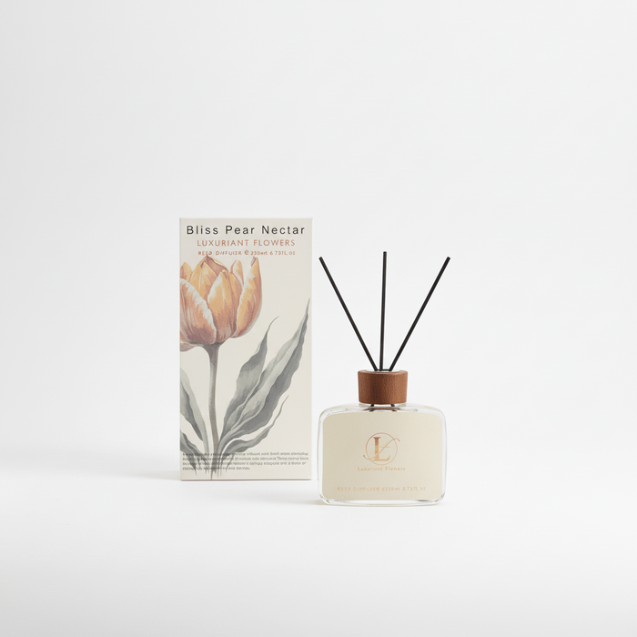 Reed diffuser with packaging featuring a tulip design on a white background