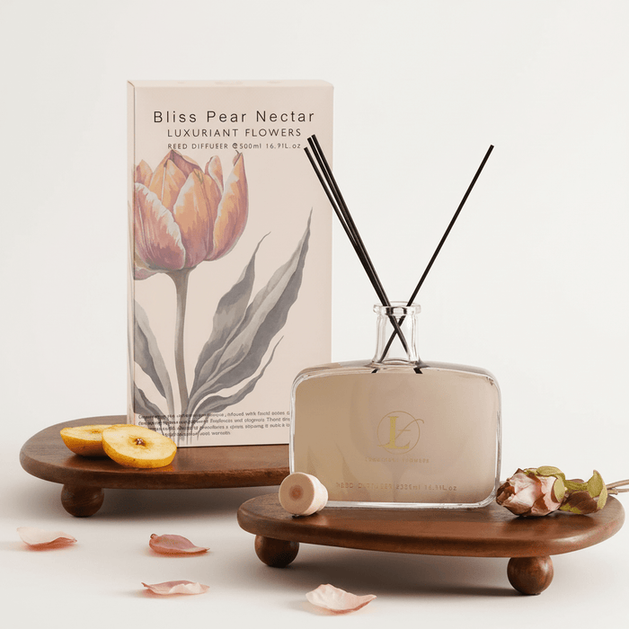 Reed diffuser with packaging and decorative elements on a light background