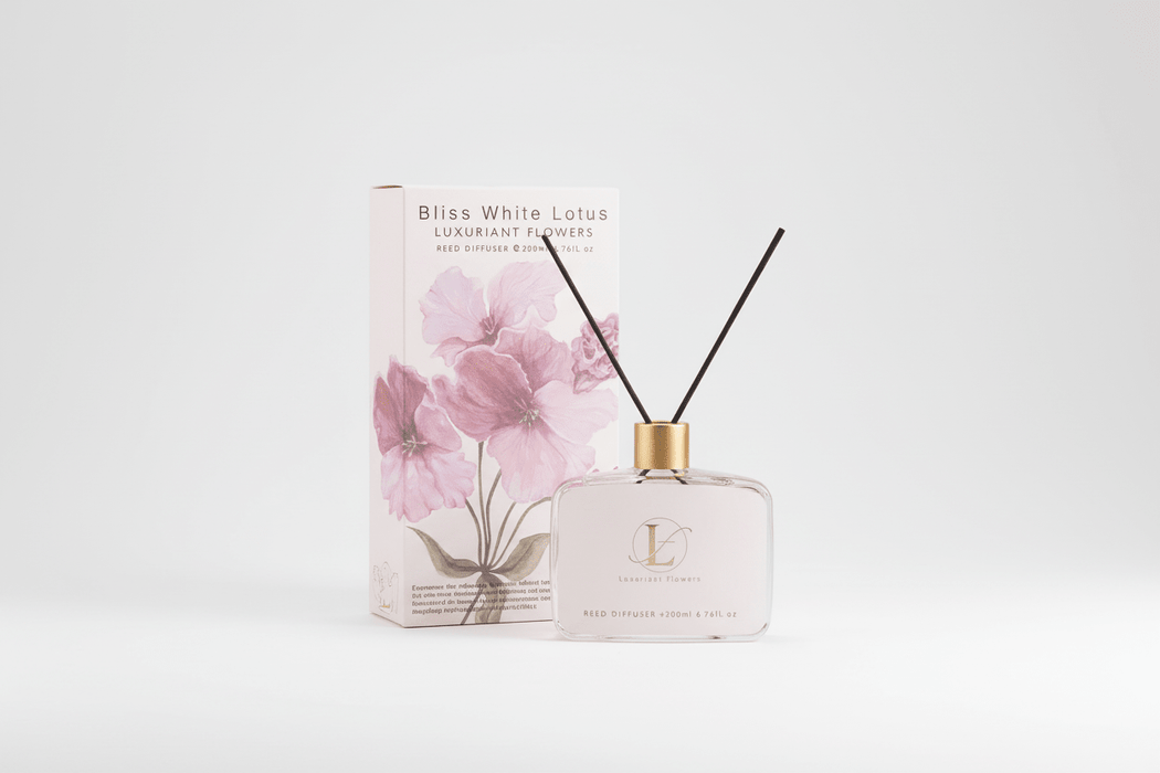 White diffuser bottle with packaging featuring floral design on a light gray background