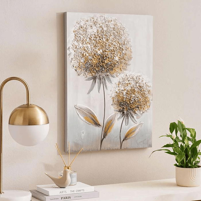 Dandelion Hand Painted Canvas Wall Art 70Cm- Gold Pan Home