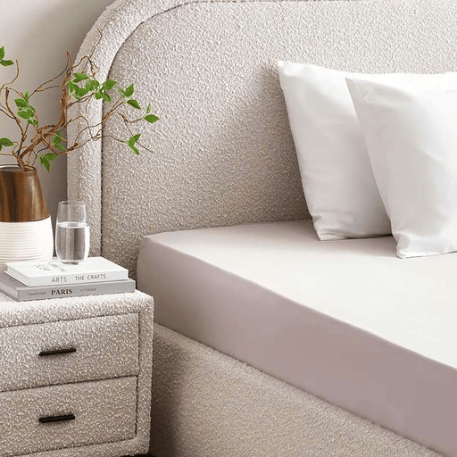 Neatly made bed with white pillows, nightstand with books and a plant, textured headboard.
