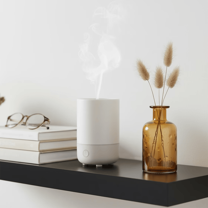 White humidifier on a black shelf with books and a vase containing dried plants.
