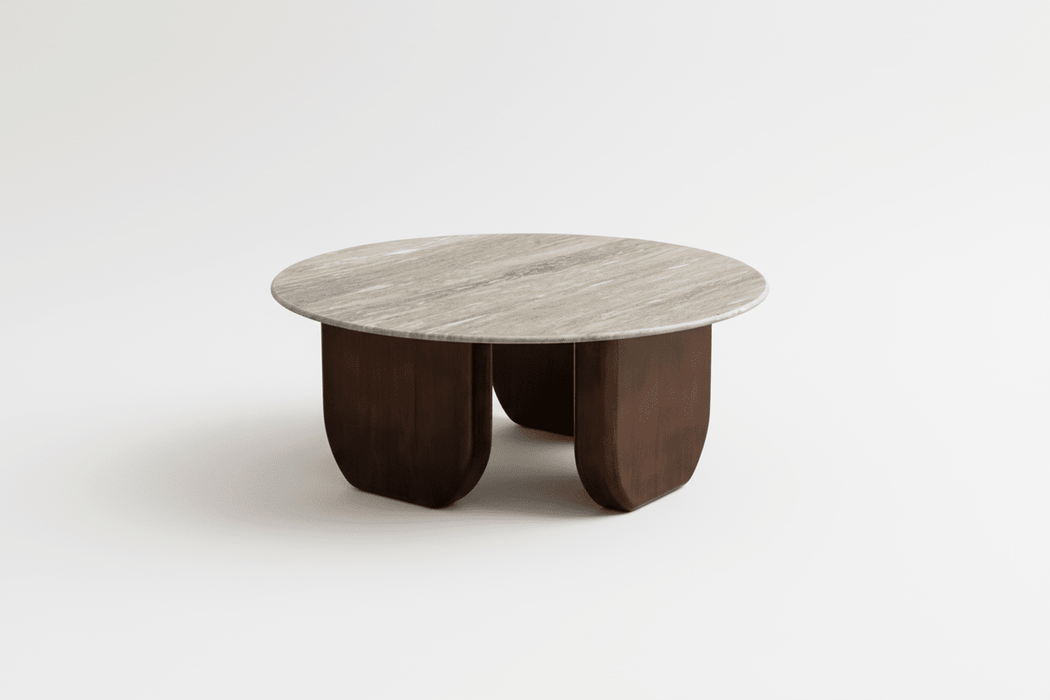 Modern coffee table with wooden legs and a light wood top on a white background