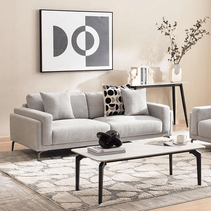 Modern living room with a gray sofa, coffee table, and decorative elements.